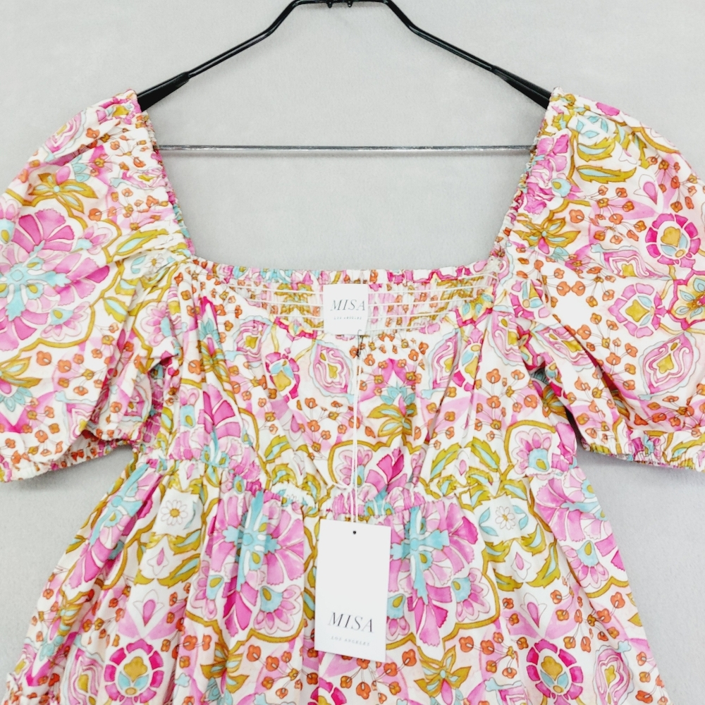 NEW MISA Kayla Pink Summer Floral Puff Sleeve Mini Dress P3893 - Picture 4 of 11